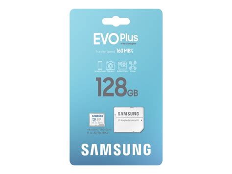 Samsung MB-MC128SA EVO Plus microSDXC 128GB Memory Card, Read : up to 160MB/s 
Write : Lower than Read Speed* Read/Write speed with UHS-1 interface, 
Speed Class (U3, V30, A2), Mobile phone, Smartphone, Tablet, etc